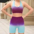 Detail view of the gradient sports bra and fitness shorts set, highlighting fabric and color. - S / Top And Bottom / Blue Purple