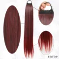 Detailed view of the synthetic hair ponytail extension showing fine texture and root elastic band. - Natural Black to Wine Red Gradient (1BT39)