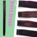 Extension de cheveux synthétique 60cm détail, mèches lisses avec tinsel métallique et clips. - Noir Brun / Fil Violet