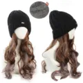 Winter warm knitted beanie hat paired with long curly synthetic wavy wig hairpiece for women - Black Fox Hat (Light Brown + Mist Blue Highlight)