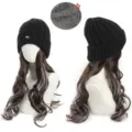 Detailed shot of black knit beanie and wavy synthetic wig combo featuring cozy fleece inner lining. - Black Fox Hat (Cool Brown + Mist Blue Highlight)