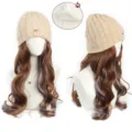 All-in-one knitted beanie hat with long wavy synthetic wig, autumn winter warm thermal lining. - Beige Fox Hat (Light Brown + Mist Blue Highlight)