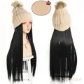 Winter warm knitted hat with long straight hair wig, fleece lined pompom beanie for women. - Beige Color Pom-Pom Knit Hat With Black Long Straight Hair