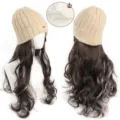 Synthetic long wavy highlighted wig with knit beanie hat, warm winter 2-in-1 design. - Beige Fox Hat (Cool Brown + Mist Blue Highlight)
