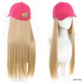 Pink baseball cap with long straight blonde synthetic hair wig attached for daily use. - Rose Red Hat Gold Long Straight Hair