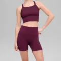 Women ribbed yoga set cross back sports bra high waist fitness shorts workout activewear - S / Set / Burgundy