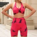 Seamless tie-dye yoga set featuring a halter backless sports bra and high-waist biker shorts. - S / Top And Bottom / Red
