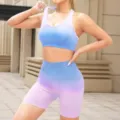 Gradient activewear set detail showing the breathable fabric and high-waisted shorts design. - S / Top And Bottom / Blue and Pink