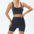 Seamless ribbed yoga set with high waist workout shorts and sports bra for women activewear - S / Top And Bottom / Black