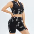 Tie-dye women yoga activewear set, ribbed zipper tank top and fitted biker shorts. - S / Top And Bottom / Black