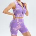 Purple tie-dye workout two-piece set, sleeveless zip crop top and fitness shorts. - S / Top And Bottom / White and Purple