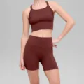 Ribbed workout set featuring a cross-back crop top and high-waisted shorts for fitness. - S / Set / Brown