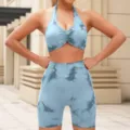 Detailed view of women's seamless tie dye halter yoga crop top and high waist shorts set. - S / Top And Bottom / Blue