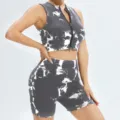 Grey tie-dye ribbed crop top biker shorts yoga set, breathable fitness workout activewear. - S / Top And Bottom / Grey White