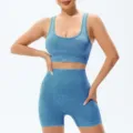 Seamless acid wash yoga fitness two-piece set, high-waist peach hip shorts and U-neck bra. - S / Top And Bottom / Blue