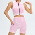 Pink tie-dye yoga set for women, breathable quick-drying fitness tank top and shorts. - S / Top And Bottom / Pink White