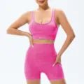 Seamless ribbed workout yoga two piece set for women activewear sports bra and shorts. - S / Top And Bottom / Rose Red