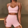 Set sportivo senza cuciture rosa reggiseno e pantaloncini fitness yoga corsa donna. - Rosa Pesca