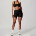 Schwarzer Sport-BH und hochtaillierte Yoga-Shorts Set für Damen Fitnessstudio Fitnesskleidung - S / Oberteil und Hose / Premium Schwarz