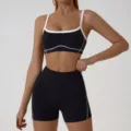 Black and white contrast women yoga outfit with athletic sports bra and fitness shorts. - M / Set / Premium Black