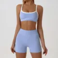 Light blue activewear set with sports bra and high waist shorts for fitness yoga workout gym. - M / Set / Light Blue