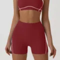 Wine red women yoga sports shorts and crop top set, high waist fitness gym wear variant. - M / Bottoms / Vermilion