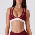 Halter sports bra contrast color V-neck fitness yoga activewear top for women workout gym. - S / Tops / Dark Red