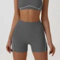 Grey seamless yoga set for women, high waist fitness shorts and sports bra for gym workout. - M / Bottoms / Dark Gray