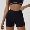 Black athletic fitness set with sports bra and high-waisted shorts, stylish white line details. - M / Bottoms / Premium Black