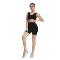 Schwarzes nahtloses geripptes Yoga-Set mit V-Ausschnitt Sport-BH und Biker-Shorts Variante Neu - S / Top Und Bottom / V-Ausschnitt Schwarz
