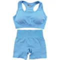 Ensemble soutien-gorge de sport et short sans couture, tenue de fitness yoga bleue deux pièces. - Bleu ciel
