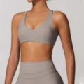 Grey nude-feel sports bra and high-waist yoga pants set, perfect for fitness and gym workouts. - S / Tops / Flaxen
