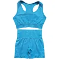 Ensemble de sport sans coutures bleu, soutien-gorge de fitness et short côtelés. - Bleu lac