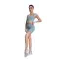 Nahtloses geripptes V-Ausschnitt Yoga-Set für Damen mit Sport-BH und Fitnessshorts in Blau. - S / Top Und Bottom / V-Ausschnitt - Blaugrau