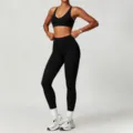 Schwarzer Sport-Bra und Leggings mit hoher Taille, Fitness Workout Set für Damen. - S / Oberteil und Hose / Premium Schwarz