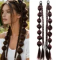 Long brown bubble braided wig extensions, cute twin ponytails synthetic hair piece for women. - Pair Pack - Dark Brown / 45cm