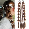 Synthetic long brown bubble braids hair extensions with white ribbon bows for women. - Pair Pack - Light Brown / 45cm