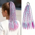 Close-up detail of colorful synthetic braided ponytail hair extension with elastic band. - Purple & Blue
