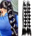 Synthetic bubble braid hair extension details showing the dual ponytail style length and texture. - Pair Pack - Brown Black / 45cm