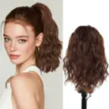 Brown wavy ponytail hair extension detail view, natural looking synthetic wig piece for women - Tan