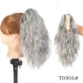 Detailed view of grey synthetic curly ponytail hair extension with claw clip for women. - Gray (T0906)