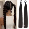 Detailed view of synthetic straight hair extension ponytail with elastic band in color 4#. - 1 Pair Pack / Calico