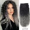 6pz Extension Capelli Ricci con Clip Sintetici Ombre Nero Grigio Ciocca 60cm - Sfumato Nero Grigio