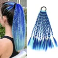30cm synthetic colored braided ponytail wig with elastic band, 12 blue gradient braids for daily wear. - Blue + Sky Blue