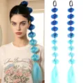 Detailansicht von 60cm verlaufendem blauen synthetischen Bubble-Zopf-Pferdeschwanz. - Ein Paar / Königsblau + Himmelblau