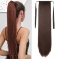 Vista detallada de una extensión de coleta de cabello sintético liso de 60 cm con cinta para mujer. - Marrón Oscuro