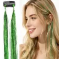 60cm green hair tinsel clip sparkling synthetic hair extension for party cosplay fashion - Green