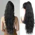 Long wavy synthetic ponytail extension with small braids, detail view of back and cap. - Black
