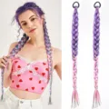 Synthetic gradient braided ponytail wig with colorful tinsel, 55cm long hair extension. - 1 Piece/Pack / Dark Purple Gradient Light Pink