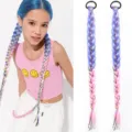 Close-up details of gradient braided synthetic hair extension with colorful strings and hair tie. - 1 Piece/Pack / Light Blue Gradient Pink Purple